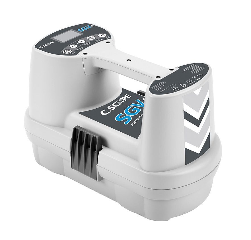 A battery charger with a white and black design.