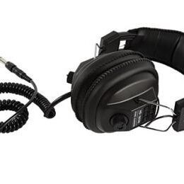A pair of headphones with a coiled cord.