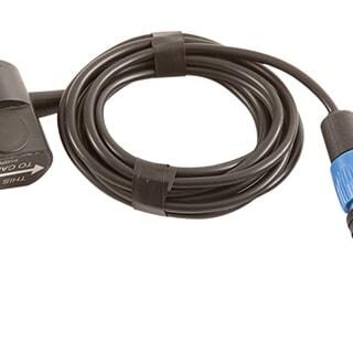 A black cable with a blue plug attached to it.